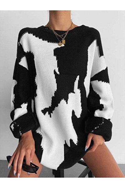 elkumoda Women's Oversized Abstract Patterned Ripped Detailed Knitwear Sweate...