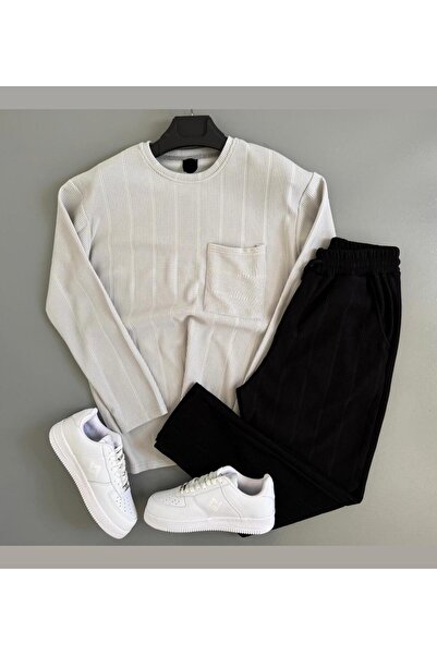 WENMİNG Men's Ottoman Fabric Crew Neck Top and Bottom Set