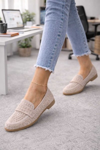 Macelife Women's Beige Stone Detailed Suede Elegant Ballerinas