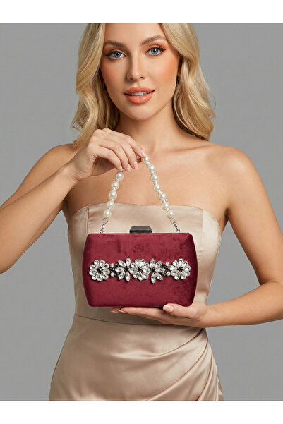 Biçanta Бургунди луксозна велурена чанта с кристали и метална дръжка за жени,...