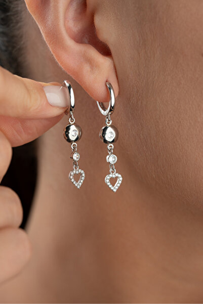 Silvano Jewelry 925 Ayar Gümüş Rodyum Kaplama Sallantılı Kalpli Trend Küpe