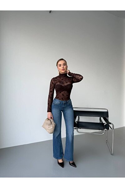 Evim Sepeti Women's Floral Velvet Patterned Long Sleeve Tulle Blouse