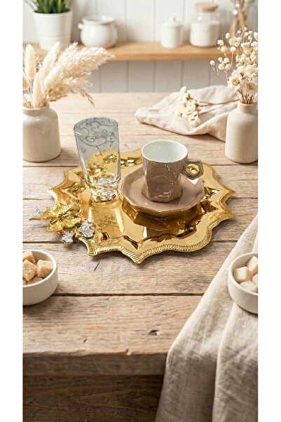 FABRIONA TEK TARAFLI GOLD 2’lı Köşeleri Dalgalı Kelebekli Paslanmaz Çelik Çay Kahve Sunum Tepsisi 24x24 cm