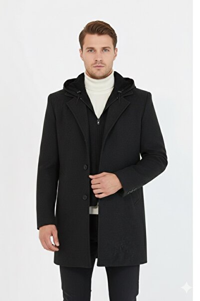 ECALAMODE Men's Black Inner Y Vest Set Zippered and Buttoned Detachable K Hoo...