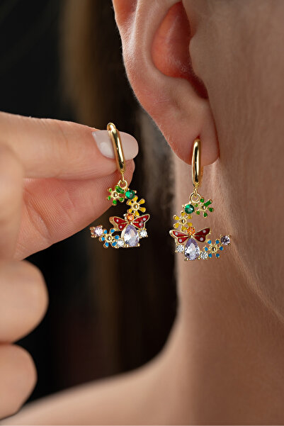 Silvano Jewelry 925 Ayar Gümüş Kelebekli Çiçekli Mineli Küpe