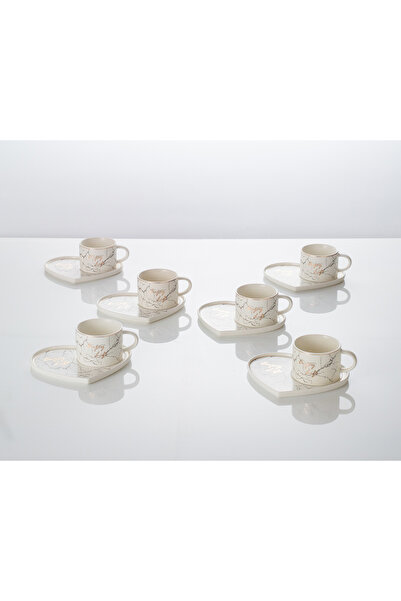 Malooki Set of 6 cups with 6 saucers Heart, porcelain, 200 ml - White