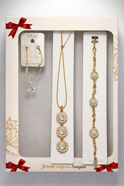 MİHRES ÇELİK TAKI SET DÜĞÜN ŞIK ABİYE ÖZEL GÜN SADE 3'LÜ SET KRİSTAL TAŞ DETA...