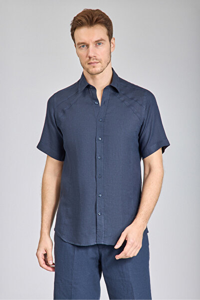 Bisse Regular Fit Birit Collar Navy Blue Linen Men's Shirt