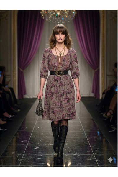 Namaste Vintage Purple Color Rose Dry Flower Pattern Vintage Dress