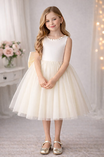 SUNEH Menekşe Model Yaka İncili Kız Çocuk Elbise Saten Üst, Kabarık Hayal Tül...