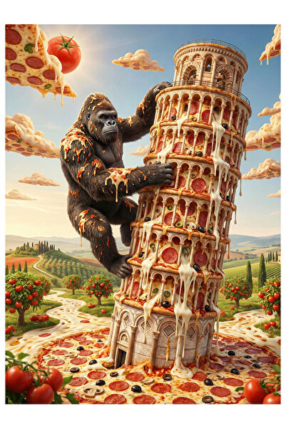 Bedeko Pisa Kulesinde King Kong'un Pizza Molası Mdf Ahşap Tablo