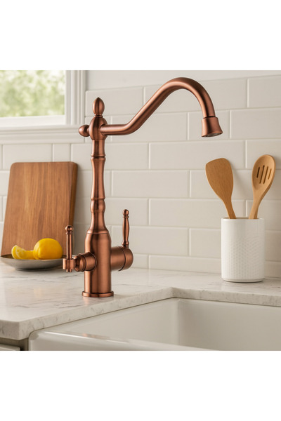 banyosepeti صنبور مطبخ ريترومات نحاسي مطلي بالذهب الوردي - ذو ذراعين، 360 درج...