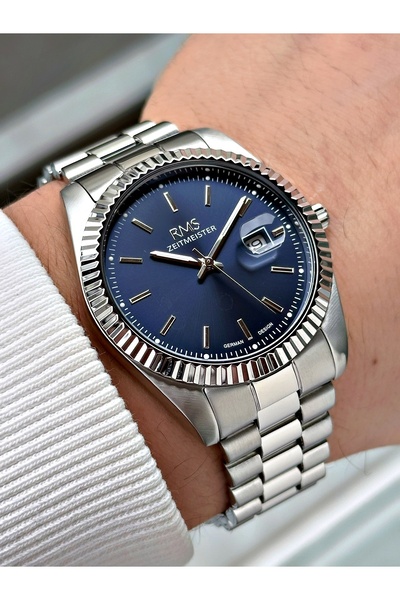 Romanson Silver-Navy Blue Color Steel Band Steel Case Men's Wristwatch with C...