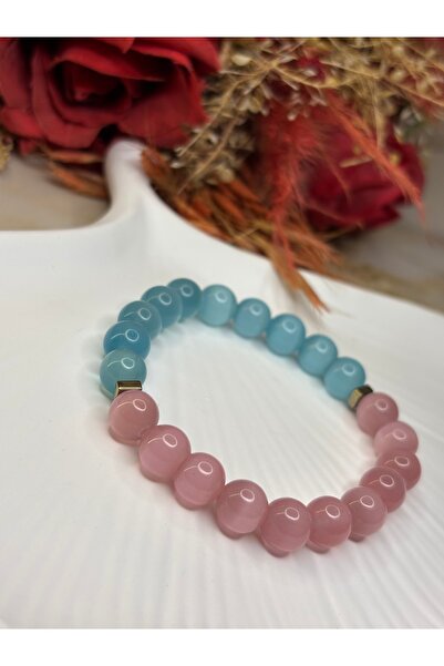 Moonstone Accessories سوار من حجر العقيق الطبيعي باللونين الوردي والأزرق على ...