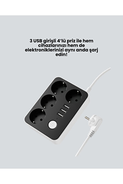 Genel Markalar Akım Korumalı 3 USB Portlu 4’lü Priz 4.1A Hızlı Şarj - Lisinya