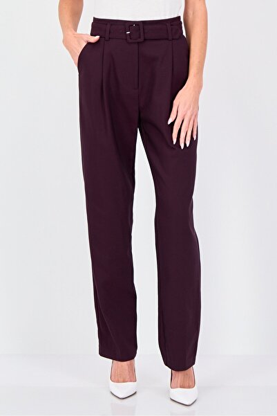 PROMOD Women Regular Fit Plain Belted Straight Pants, Purple