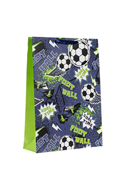 OEM Sacosa Cadou din Hartie Albastra Verde Fotbal pentru Copii 33x10x45cm
