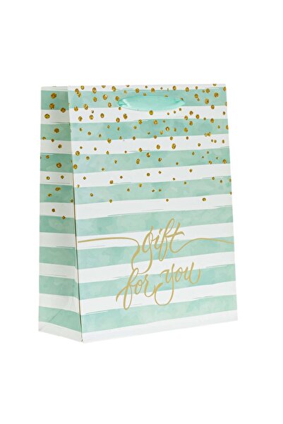 OEM Λευκή Τσάντα δώρου με ρίγες σε χρώμα μέντας και χρυσό αλουμινόχαρτο "Gift...