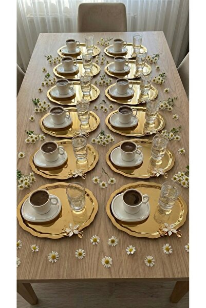 FABRIONA TEK TARAFLI GOLD 12’lı Paslanmaz Çelik Oval Mini Papatyalı Çay Kahve Sunum Nişan Tepsisi 20x25 cm