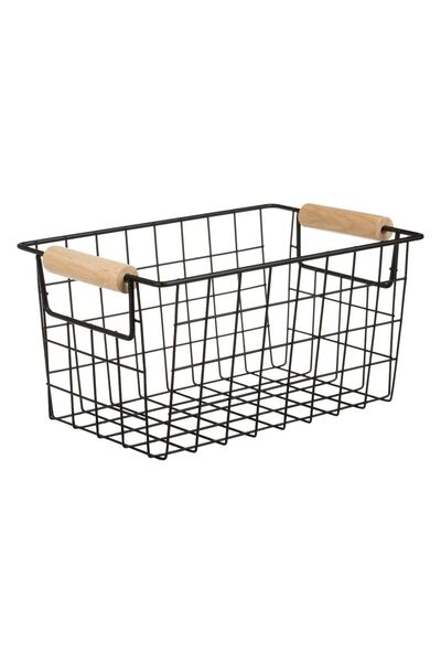 OEM Black Metal Basket with Wooden Handles 24.5x15.5x13cm