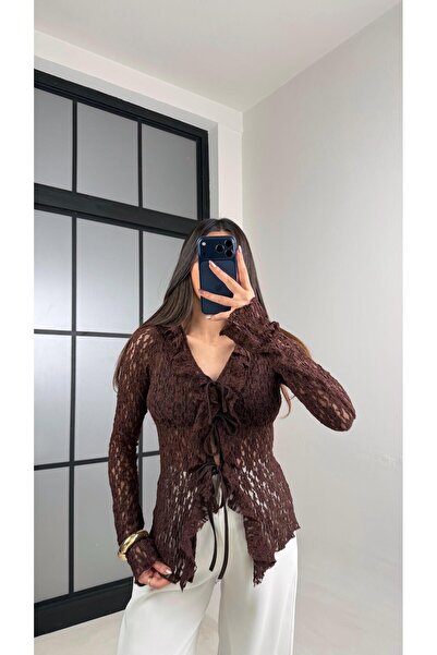 Gaus Acı Kahve Önü Bağlamalı Dantel Bluz GAUS-01084