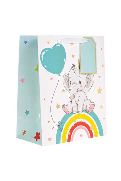 OEM Sacosa Cadou din Hartie Alba Elefant Curcubeu Inima Verde Folie Aurie 26x...