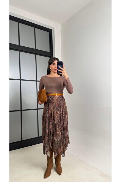 Gaus Yeşil Desenli Beli Lastikli Astarlı Şifon Etek GAUS-01086