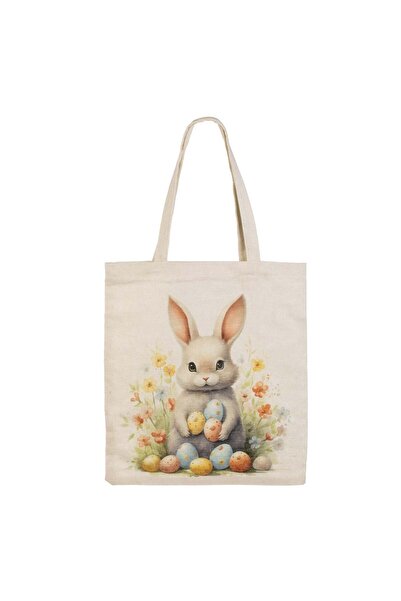 OEM Sacosa Cadou Bej cu Model Iepuras Oua Colorate & Flori 29x31cm