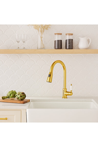 banyosepeti حنفية حوض حلزونية ذهبية من بيلورا مع مقبض من البورسلين - 360 °   ...