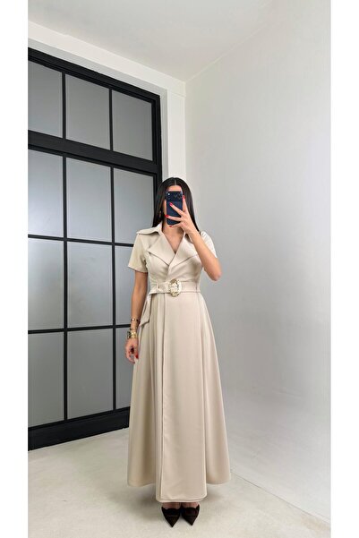 Gaus Taş Gold Toka Kuşaklı Krep Kumaş Uzun Elbise GAUS-00974