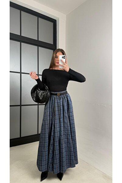 Gaus Lacivert Beli Lastikli Pileli Ekose Desenli Etek GAUS-01056