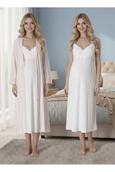 Lohusa Homewear New Season Powder Ecru Striped Summer Lace Detailed Strap Sty...