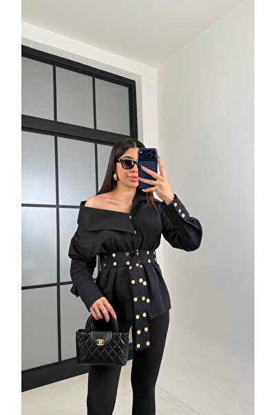 Gaus Siyah Zımba Detaylı Kemerli Tasarım Gömlek GAUS-01071