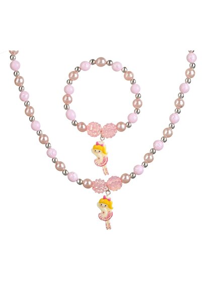 OEM Pink Beaded Necklace & Bracelet Set & Ballerina Pendant for Kids - 2pcs