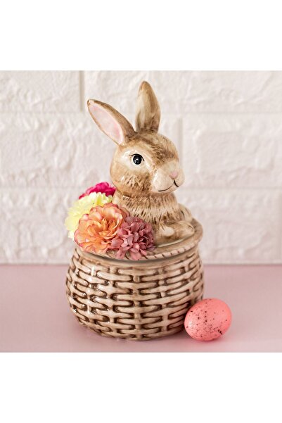 OEM Ceramic Pastry Container Basket with Bunny & Flowers for Cookies Ø13x22cm