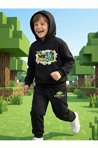 aytok tekstil Boys' Black Pixel Block Green Cube Patterned Tracksuit Set for ...