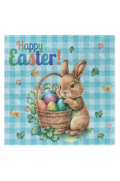 OEM Ciel Checkered Table Napkins Bunny with Basket & Easter Eggs "HAPPY Easte...