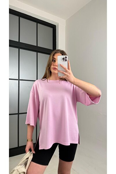 Gaus Pembe Basic Yırtmaç Detaylı Modal Tshirt GAUS-01060