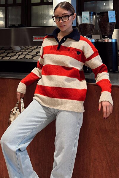 Swist Red Polo Collar Paneled Thick Striped Heart Embroidered Women's Knitwea...