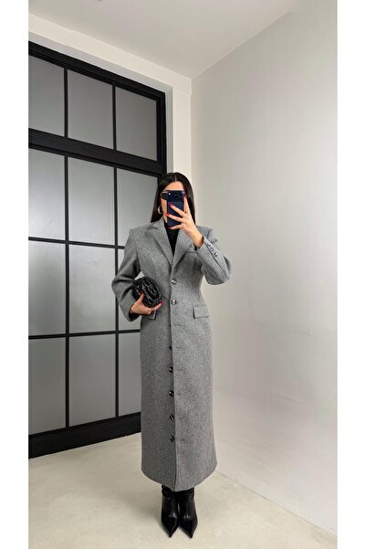 Gaus Gri Önü Düğmeli Vatkalı Astarlı Premium Kaşe Kaban Gaus-01030