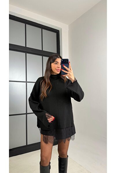 Gaus Siyah Dantel Detaylı Triko Kazak GAUS-01055