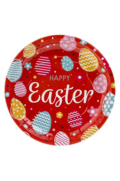 OEM Red Metallic Decorative Easter Plate with Colored Eggs Pattern Ø20cm