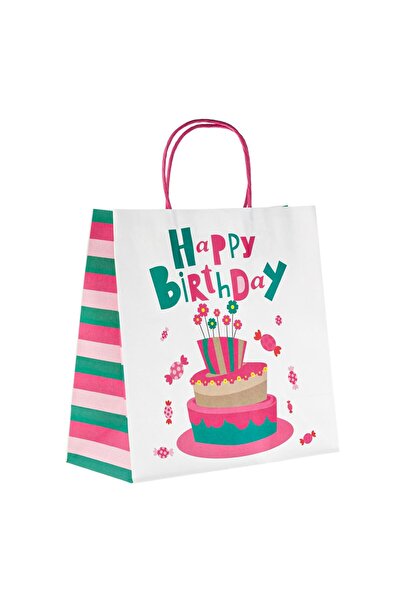 OEM Sacosa Cadou Kraft Alba Tort Colorat Bomboane "Happy Birthday" 26x12x26cm