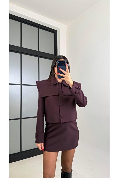 Gaus Mürdüm Astarlı Düğme Detaylı Kare Yaka Ceket Etek Premium Kumaş Takım GA...