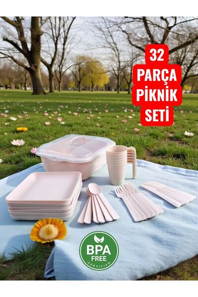 wete home 32 Parça 6 Kişilik Taşınabilir Piknik Seti - Saklama Kutulu