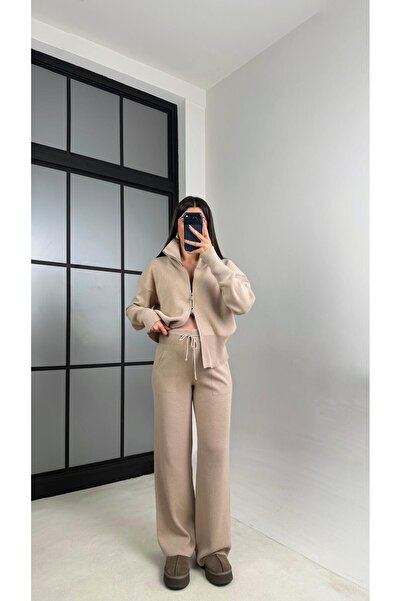 Gaus Bej Çift Fermuarlı Hırka Beli Lastikli Pantolon Triko Takım GAUS-01090