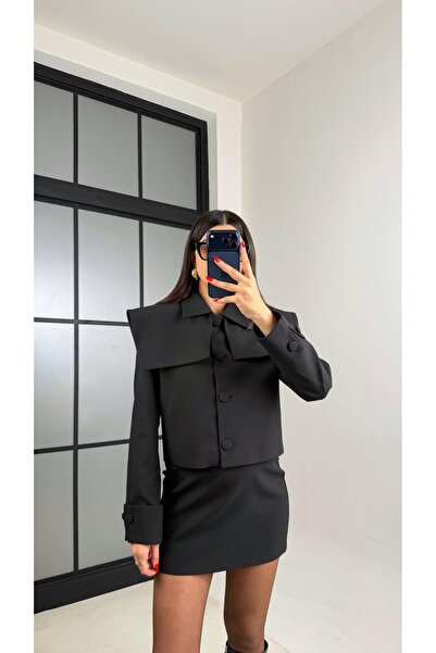 Gaus Siyah Astarlı Düğme Detaylı Kare Yaka Ceket Etek Premium Kumaş Takım GAU...