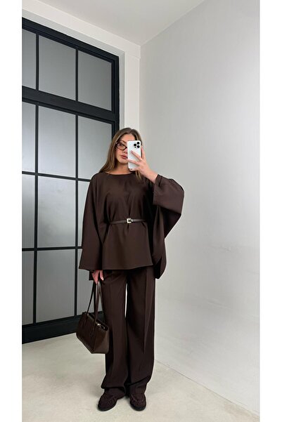 Gaus Acı Kahve Kemerli Pelerinli Panço Beli Lastikli Pantolon Premium Takım G...