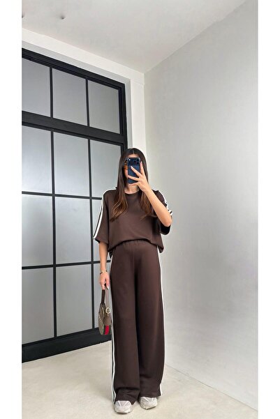 Gaus Acı Kahve Şerit Detaylı İkili Modal Takım GAUS-01087