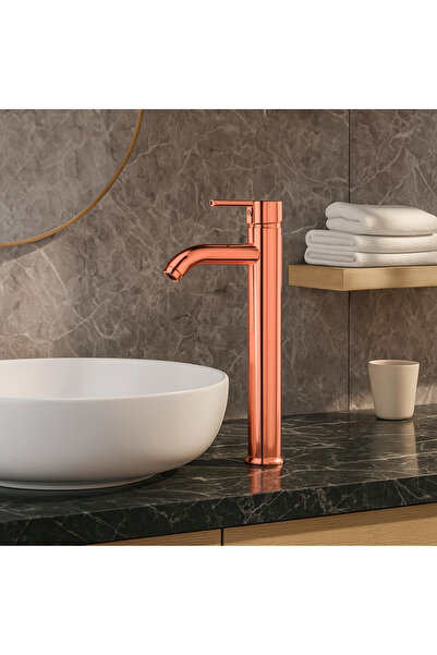 banyosepeti صنبور حوض أنيق من النحاس بلون ذهبي وردي - هيكل نحيف، مظهر فاخر، م...